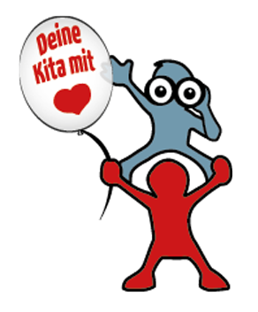 Rotes stilisiertes Kind mit erhobenen Armen trägt blaues stilisiertes Kind, das eine Sprechblase mit rotem Herz und rotem Text 'Deine Kita mit' hält